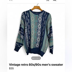 Retro Palmland Men's Sweater - Blue, Pink, and Cream Size L